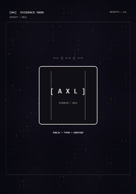 An ASCII evidence film: public fragments become a typed route, verified states, and a compact AXL evidence mark.